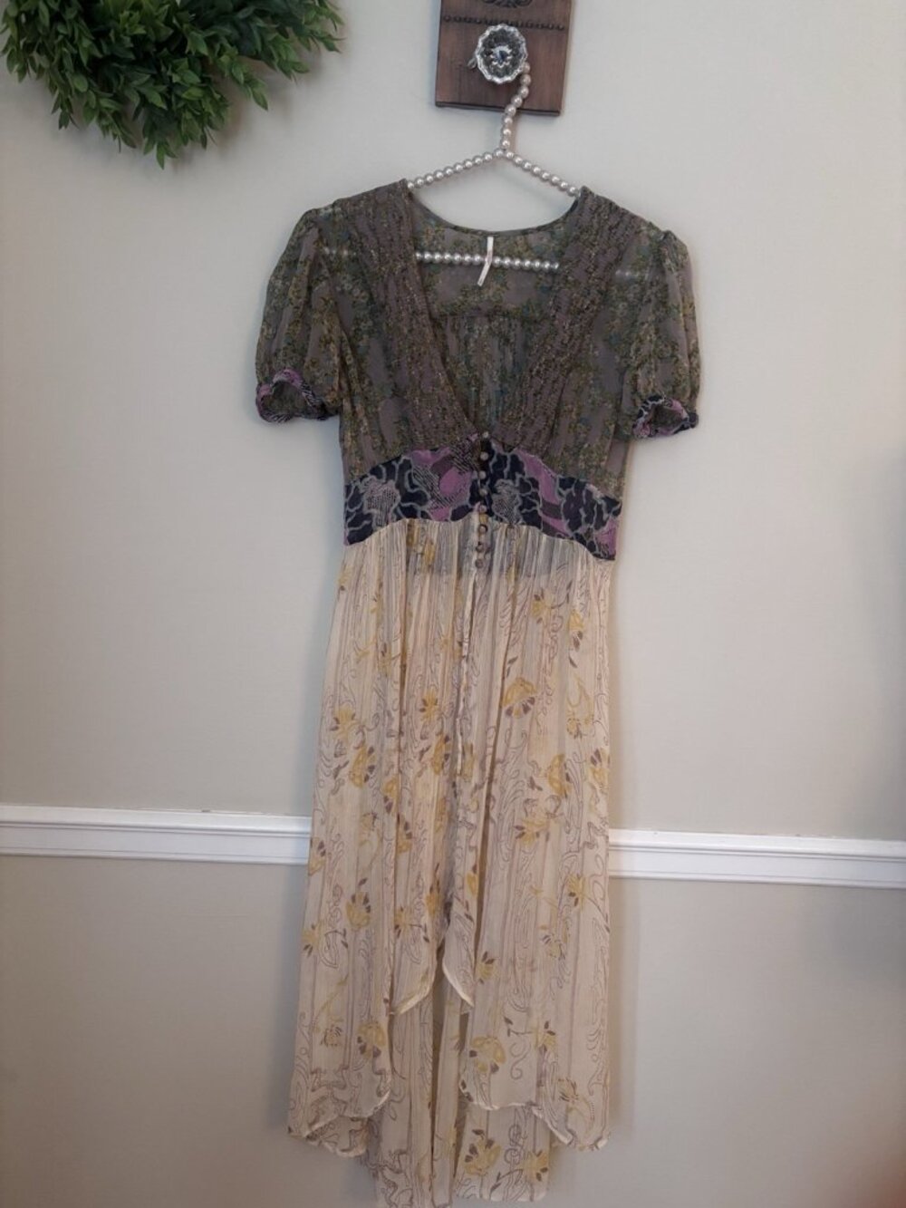 Free People Size S Sheer Dress Overlay High Low Floral Short Sleeve Boho